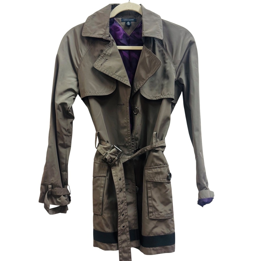 NWT Tommy Hilfiger Womens Belted Trench Coat Olive Grey Small